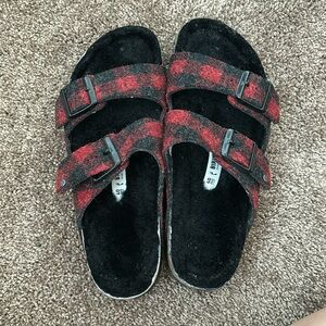 Fuzzy plaid Birkenstocks